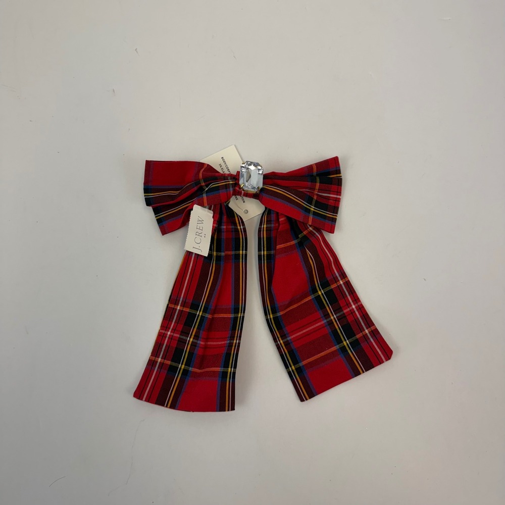 J.Crew Girls Red Plaid Tartan Hair Bow Barrette with Crystal Jewel NWT